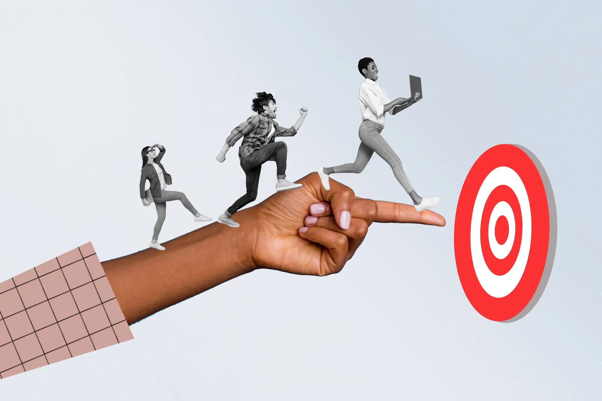 Hand pointing at a target with humans walking on top, implying guiding leads to where you want them to go in your marketing funnel
