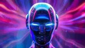 Abstract futuristic image of a robot threat against human civilization in space. Concept Sci-fi, Robots, Space, Futuristic, Threat