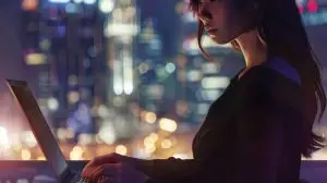 business woman in office using laptop at work Generative AI