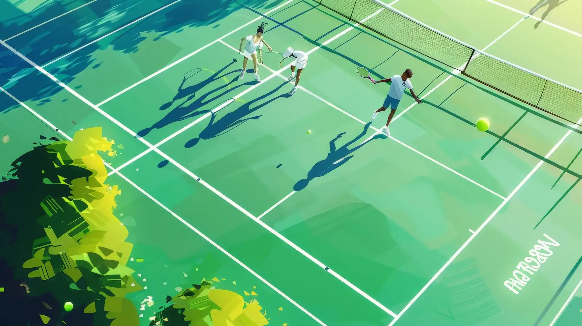 A bustling tennis court background with crisp white lines, vibrant green surfaces, and the textures