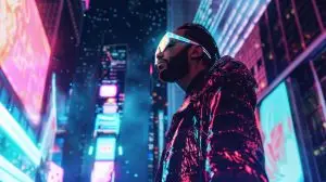 A futuristic cityscape featuring a person in reflective attire amidst vibrant neon lights.