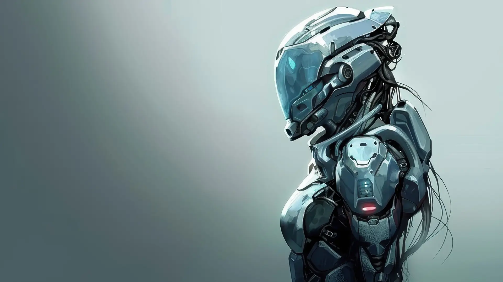 Futuristic cyber soldier in high-tech armor with a helmet, standing with a focused and determined posture, set against a minimalistic background.