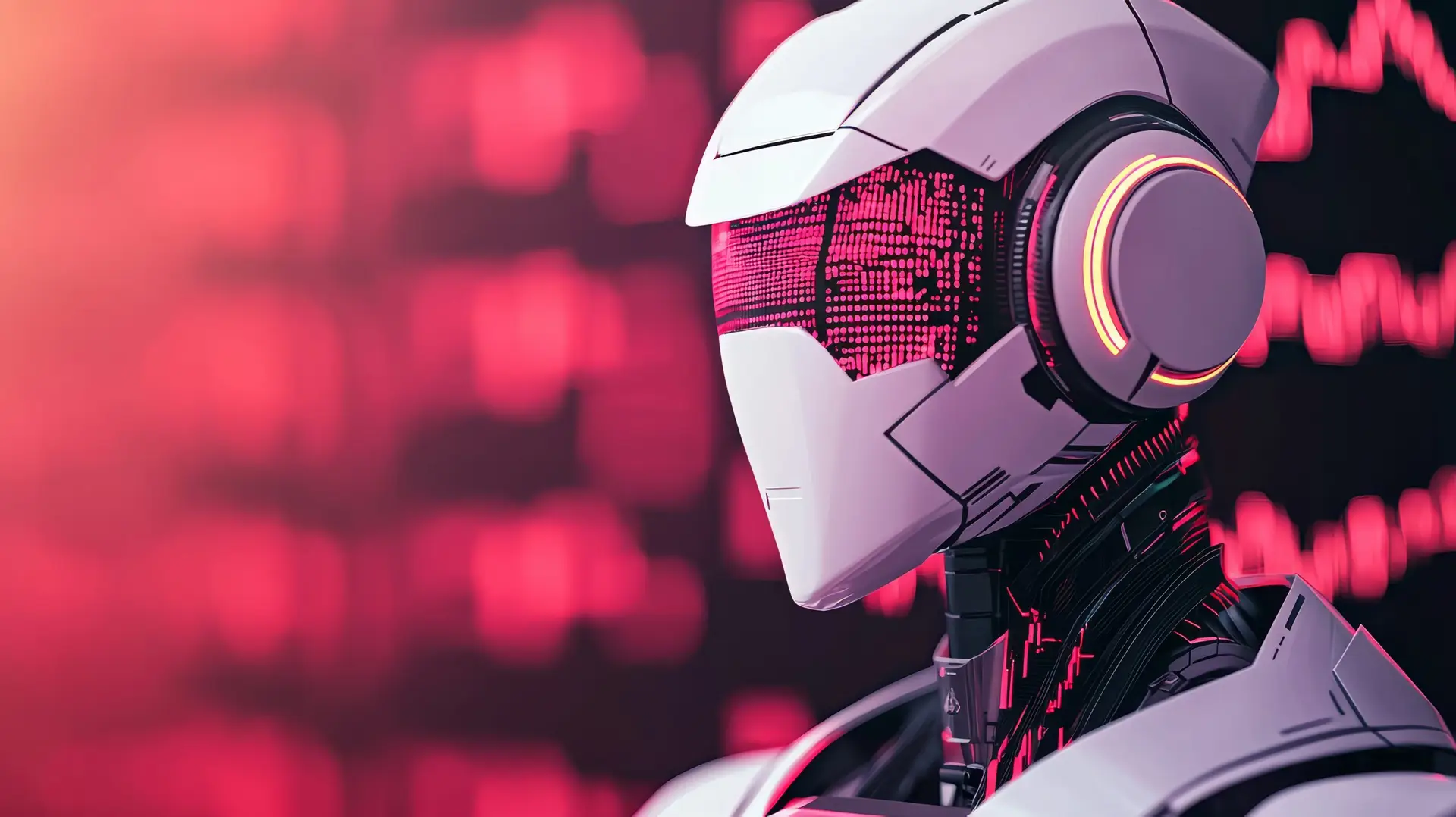 A close-up illustration of a futuristic robot head with glowing red eyes, set against a blurry background of digital network data. The robot's white exterior and glowing eyes create a striking contrast against the red background, conveying a sense of technological advancement and intelligence. This image is perfect for projects related to artificial intelligence, robotics, technology, and the future.