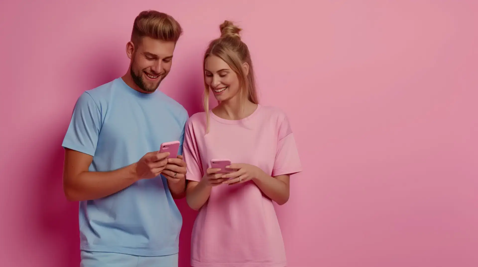Happy young couple standing against a pink background, enjoying time together while using their smartphones.