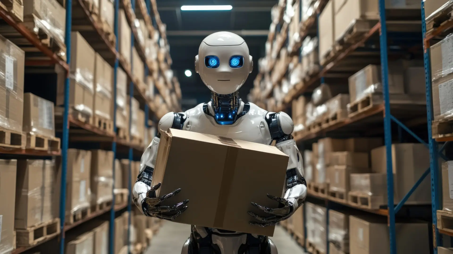 Humanoid robot working in a futuristic warehouse carrying boxes