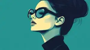 illustration stylish woman wearing blue round sunglasses, close-up.