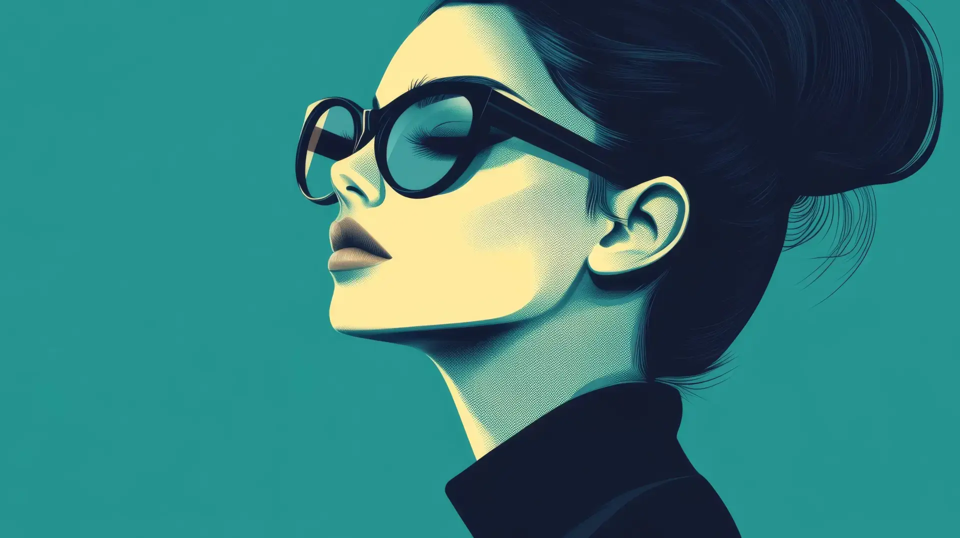 illustration stylish woman wearing blue round sunglasses, close-up.