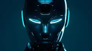 A robot face on device with glowing colors in dark virtual style. Concept Dark Virtual Design, Glowing Colors, Robot Face, Futuristic Technology, Artificial Intelligence