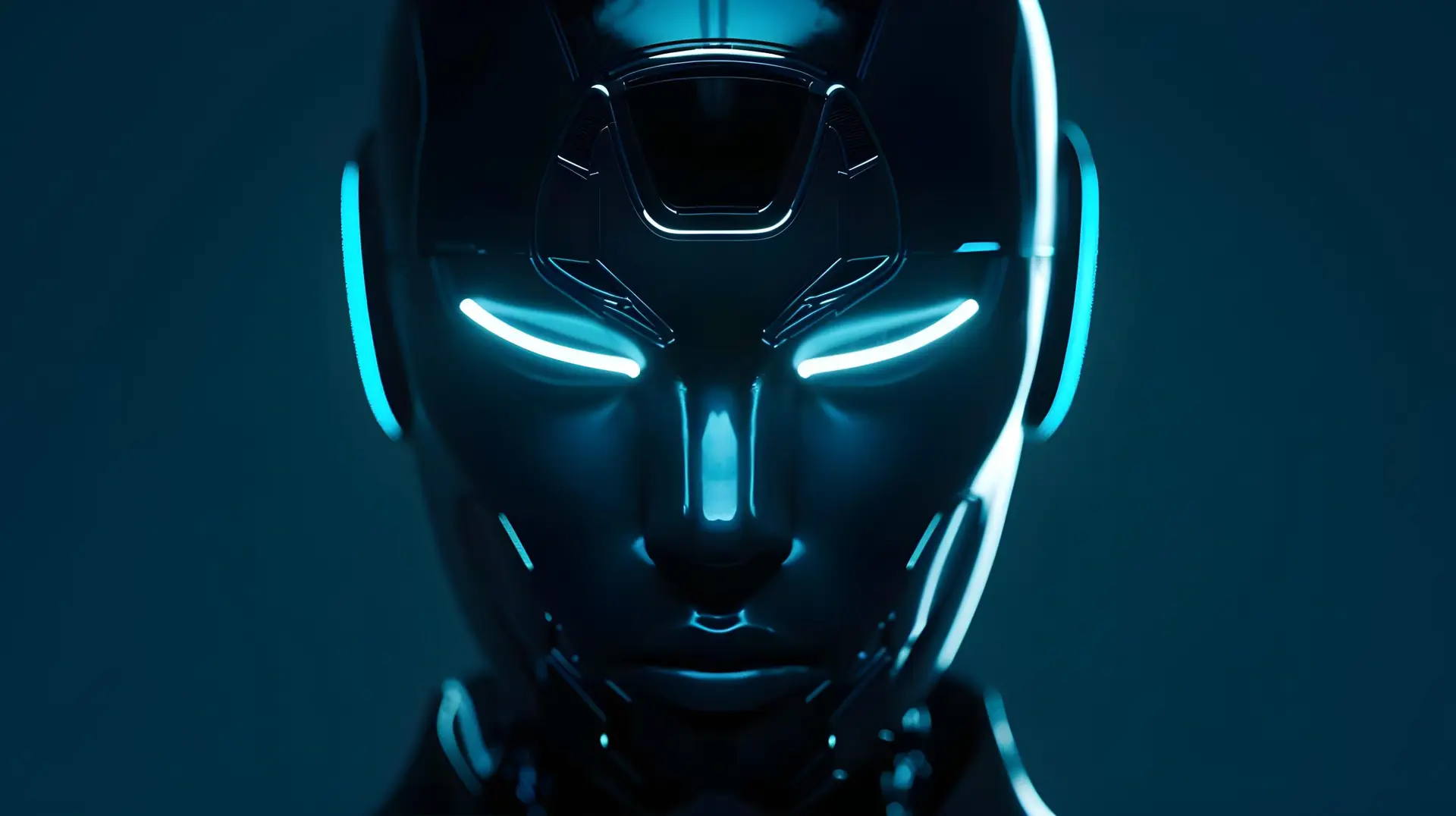 A robot face on device with glowing colors in dark virtual style. Concept Dark Virtual Design, Glowing Colors, Robot Face, Futuristic Technology, Artificial Intelligence