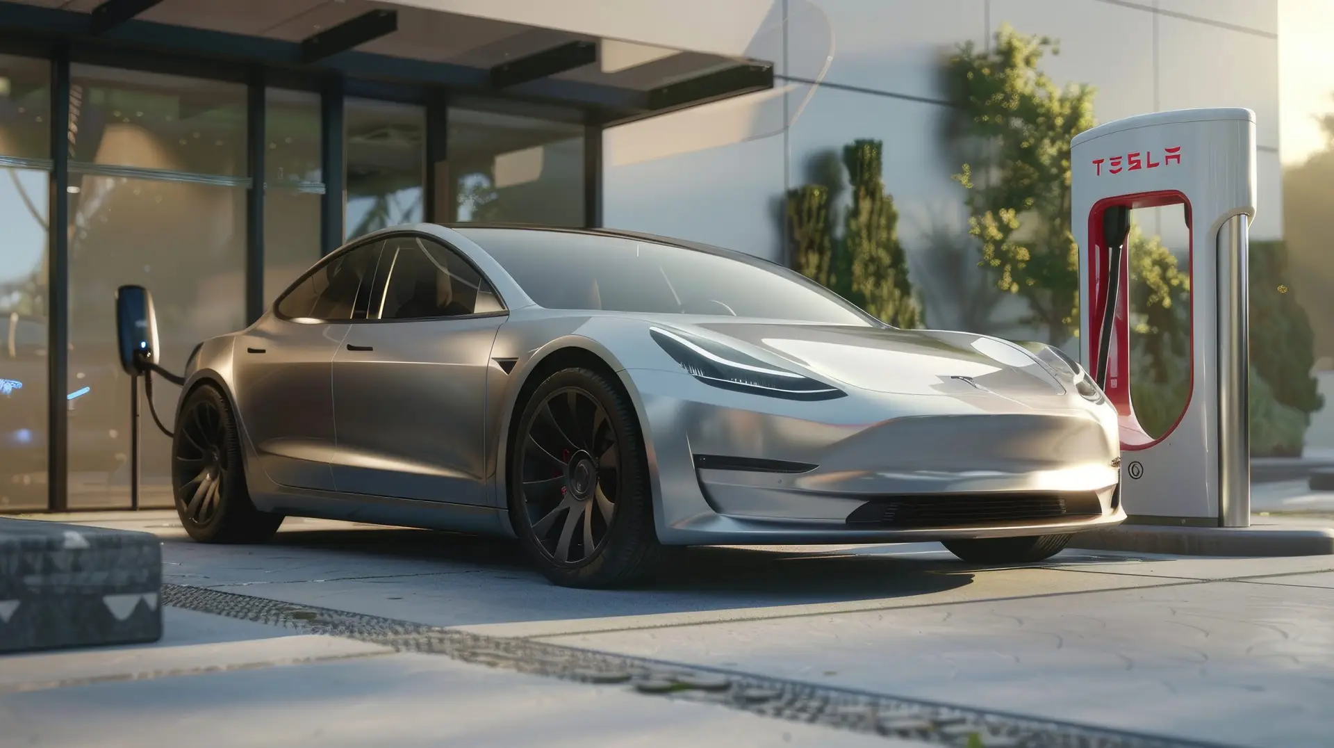 Tesla Model 3 Charging at a Tesla Supercharger Station