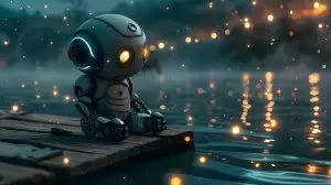 Tranquil Robot Resting on a Pier Contemplating the Stars. Concept Robot, Resting, Pier, Contemplating, Stars