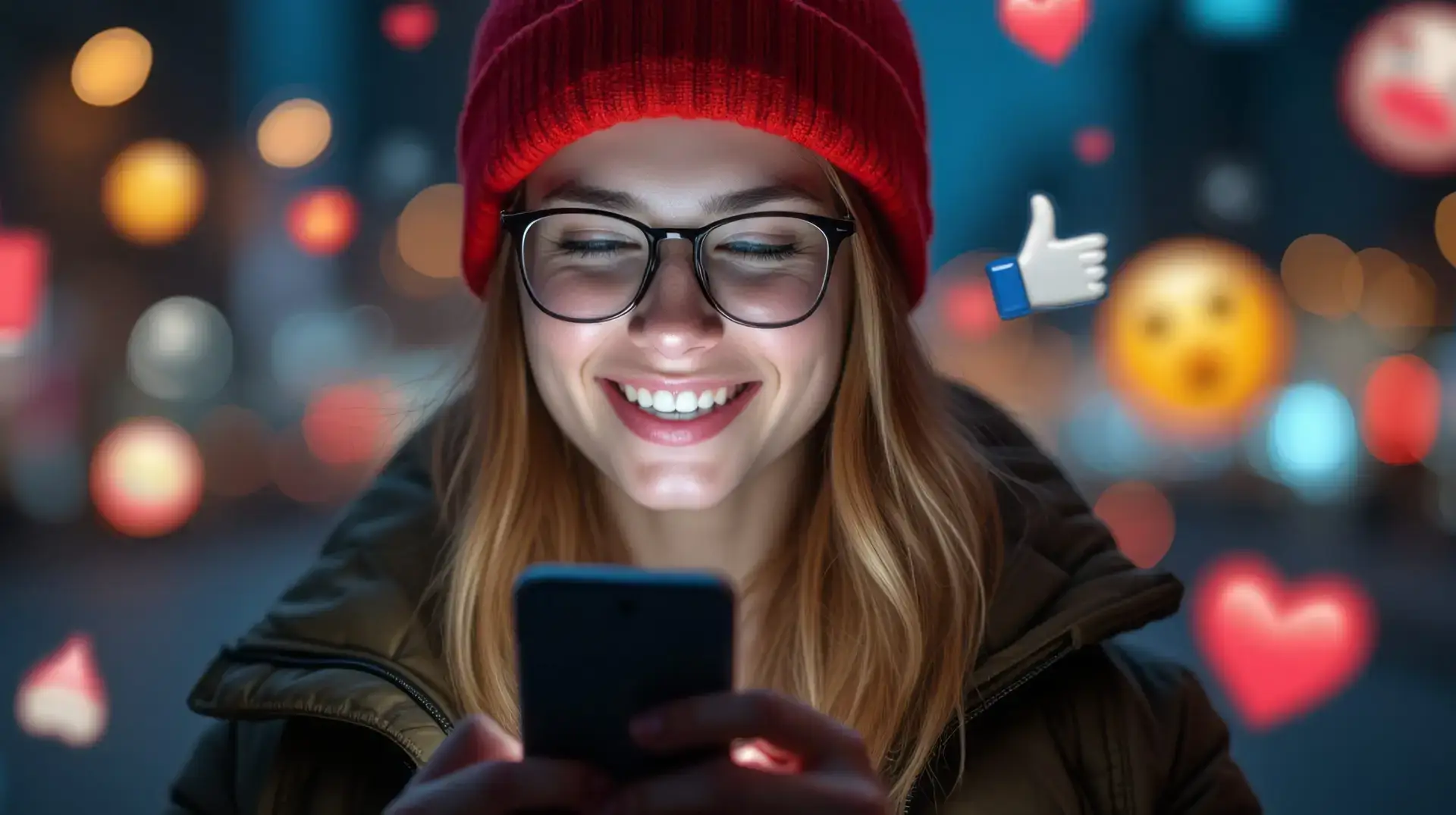 Woman using smartphone with emoji icons