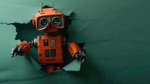 Zoom in picture of breaking green wall and the robot in the green hole. AIGX03.