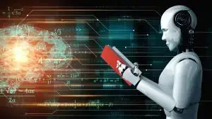3D illustration of robot humanoid reading book and solving math
