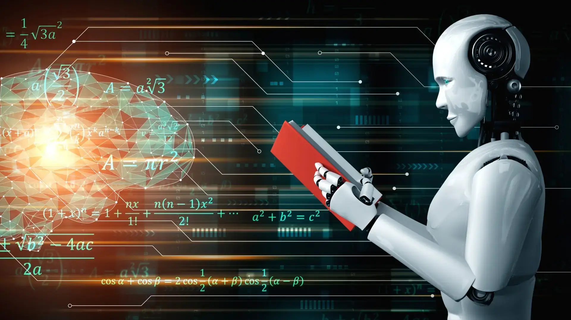 3D illustration of robot humanoid reading book and solving math