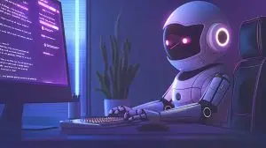 robot coding on a computer while thinking about today's ai news