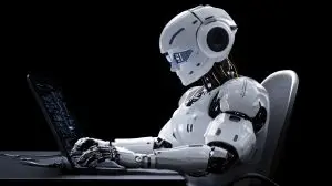 Robot using a computer to find latest tech news