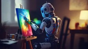 Artificial intelligence robot working on computer at home. Technology and innovation concept.generative ai