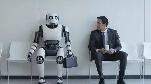 Man and robot sitting in a white chair discussing the latest tech news