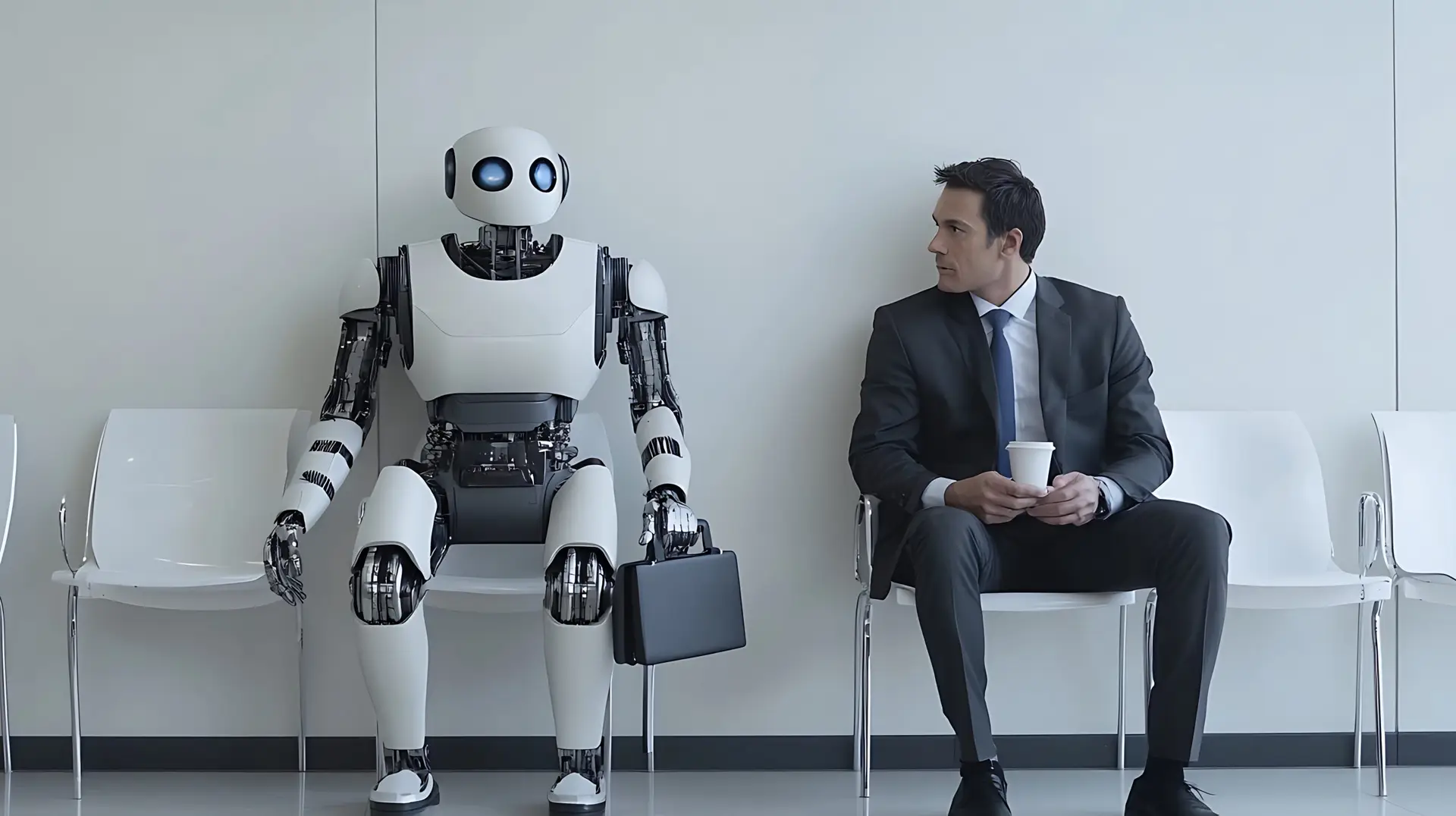 Man and robot sitting in a white chair discussing the latest tech news