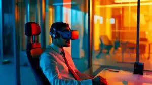Man working in office with vr researching social media trends