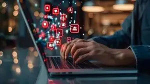 Closeup of a businessman typing on a laptop with social media icons on the screen in a modern office. Concept Business, Technology, Social Media, Office, Photography