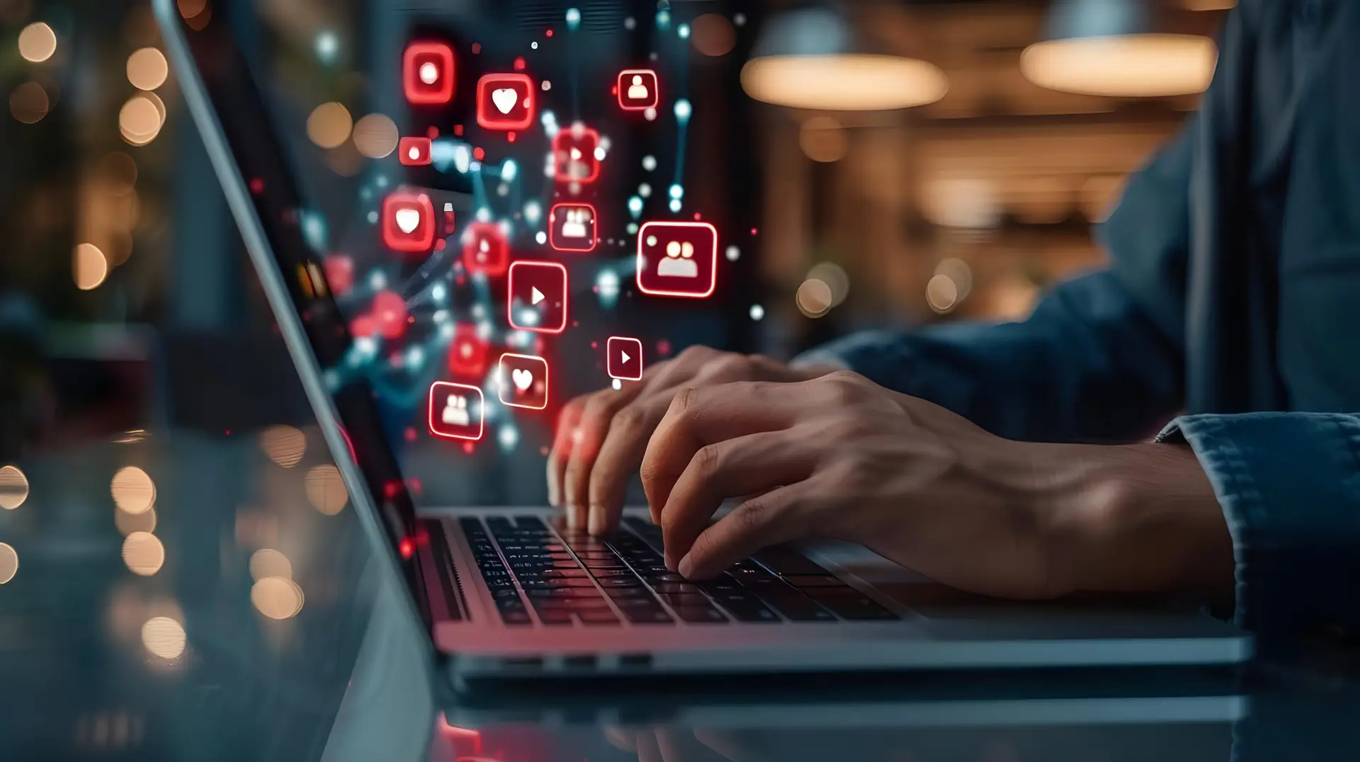 Closeup of a businessman typing on a laptop with social media icons on the screen in a modern office. Concept Business, Technology, Social Media, Office, Photography