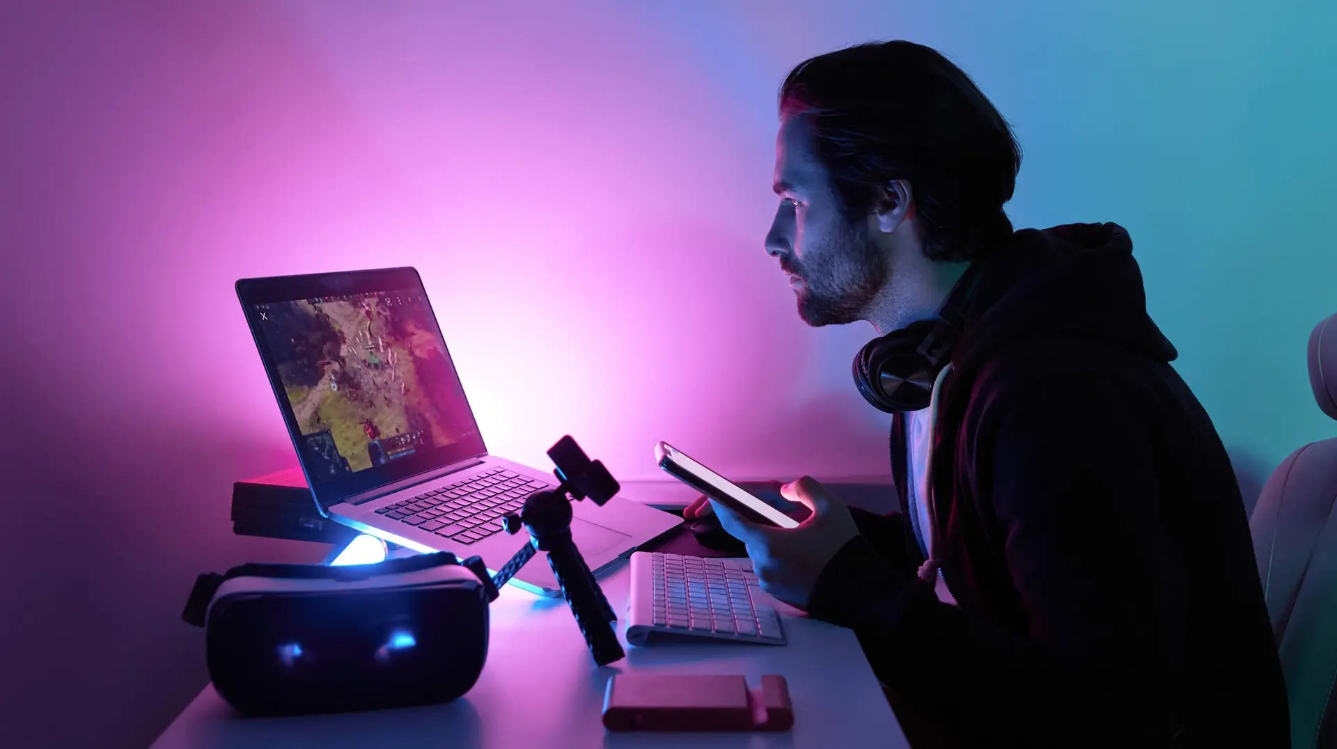 man working in a colorful room