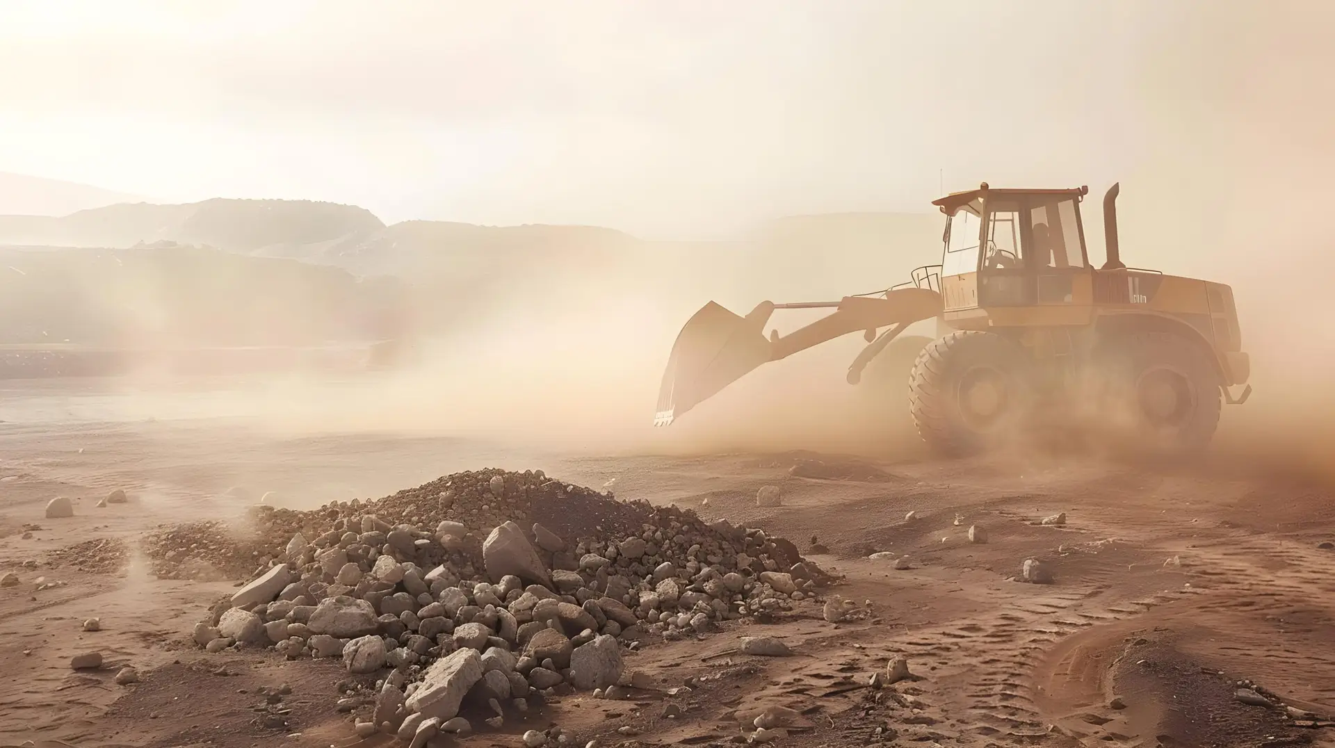 Construction site with backhoe and rock pile another vehicle in background hazy sky from dust. Concept Construction, Backhoe, Rock Pile, Hazy Sky, Dust