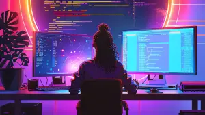 woman coding in the dark with vibrant colors