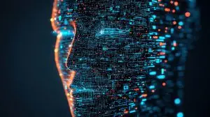Digital face with AI data projections, showcasing intricate patterns and glowing elements, representing advanced technology and computing
