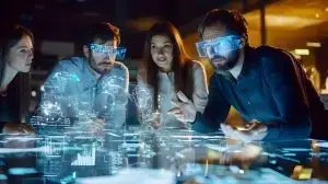 Team of Entrepreneurs Looking For Marketing Trends On Futuristic Iphone