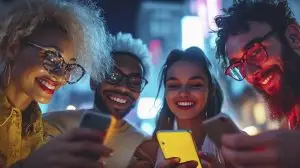 four friends enjoy vibrant night out sharing laughter moments while using their smartphones