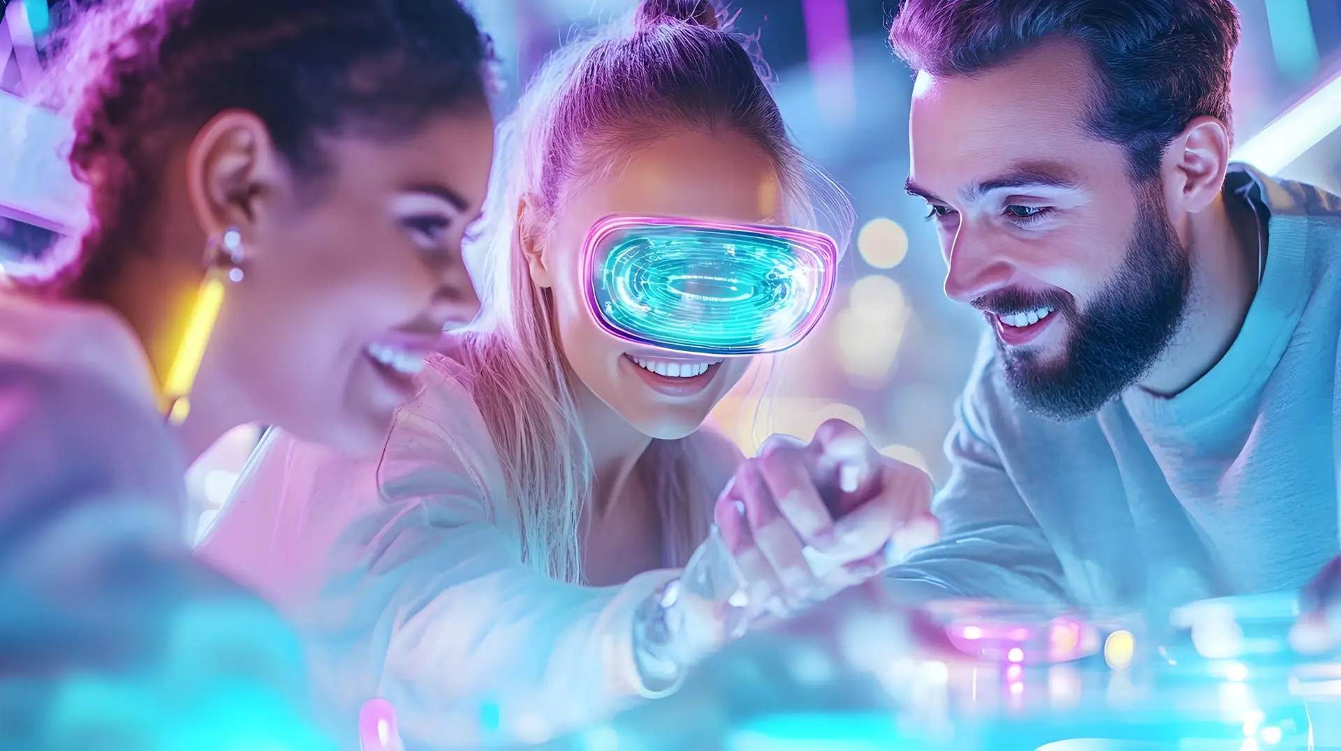 Friends Using VR Headset In Neon Lit Room