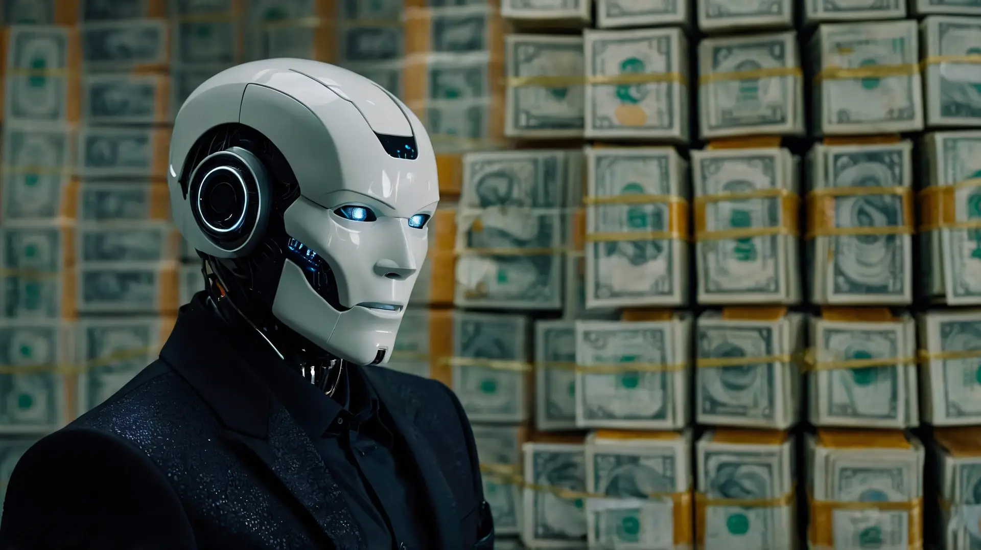 robot with money thinking about what ai tools he should develop