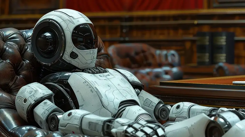 A sleek, futuristic robot, crafted with advanced AI technology, reclines in a plush leather chair within a classic office setting Bookshelves lined with knowledge surround the robot, emphasizing the sophistication of its design The scene embodies a seamless blend of modern robotics and luxury design, creating a captivating vision of the future AI Generative