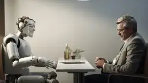 Man and robot discussing ai news