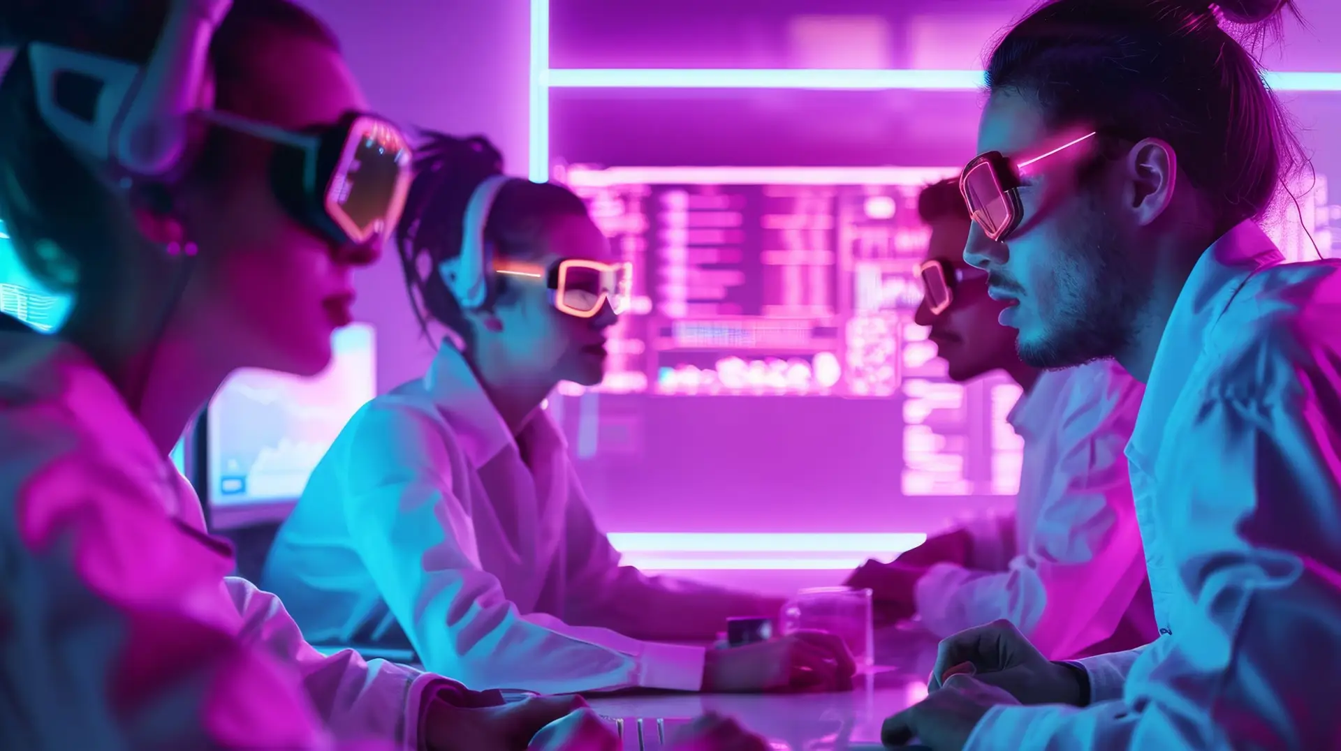Futuristic Team Meeting in Vibrant Neon Workspace with Striking Purple Background