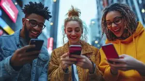 group friends enjoying lively moment vibrant city while checking their smartphones dusk