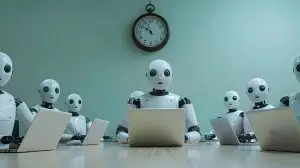 group of robots sitting together discussing the latest tech updates
