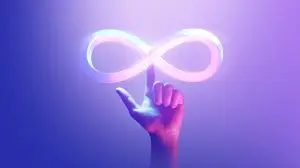 Hand pointing endless infinity sign of virtual reality metaverse digital innovation game or internet future online simulation media cyber and world communication on connection technology background.