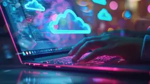 Hand typing on laptop with connection cloud computing data transfer