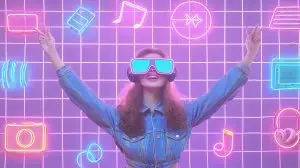 happy woman virtual reality glasses posing with neon signs