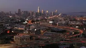 Dusk Twilight Bay Bridge Highway Traffic Downtown San Francisco California