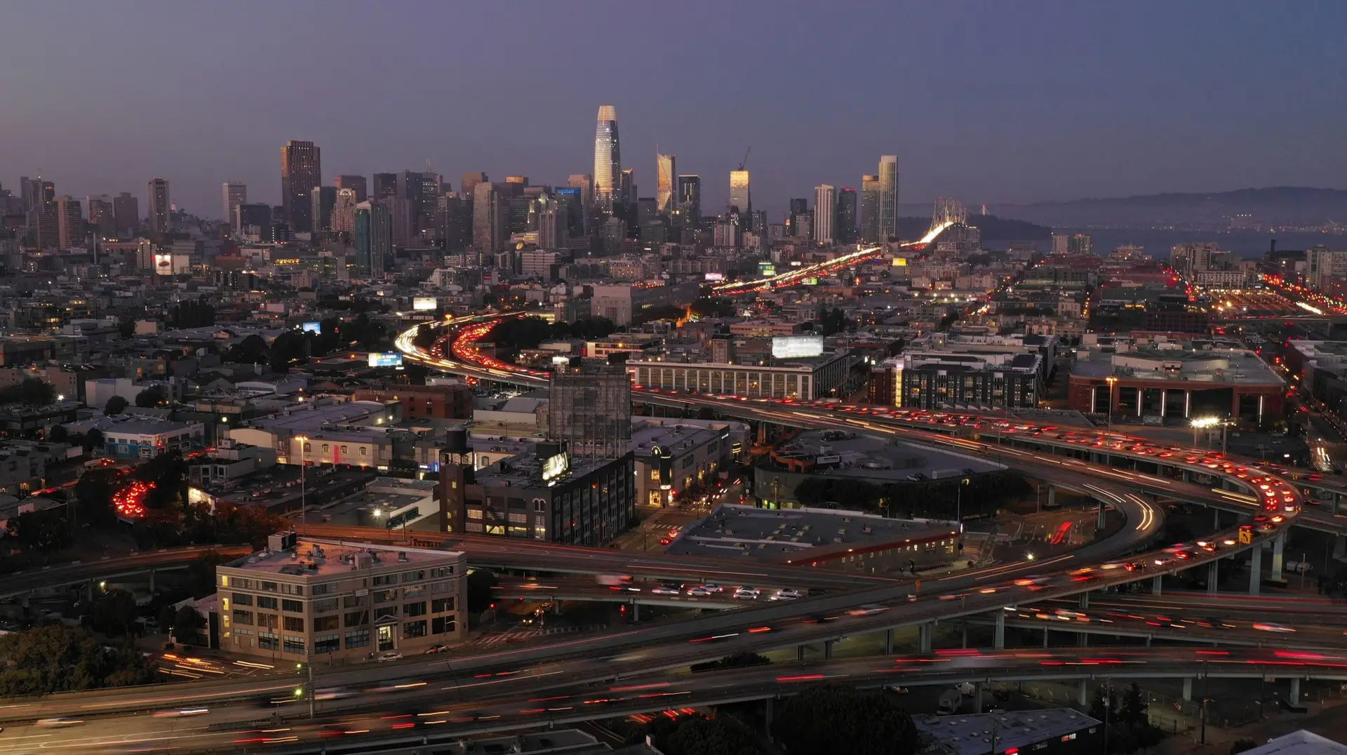 Dusk Twilight Bay Bridge Highway Traffic Downtown San Francisco California