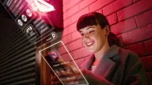 Woman looking at he phone for content treds
