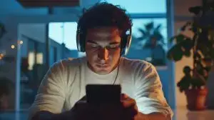 Man looking for social media trends on phone