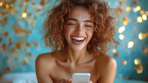 Woman laughing at her phone after watching a funny content trend