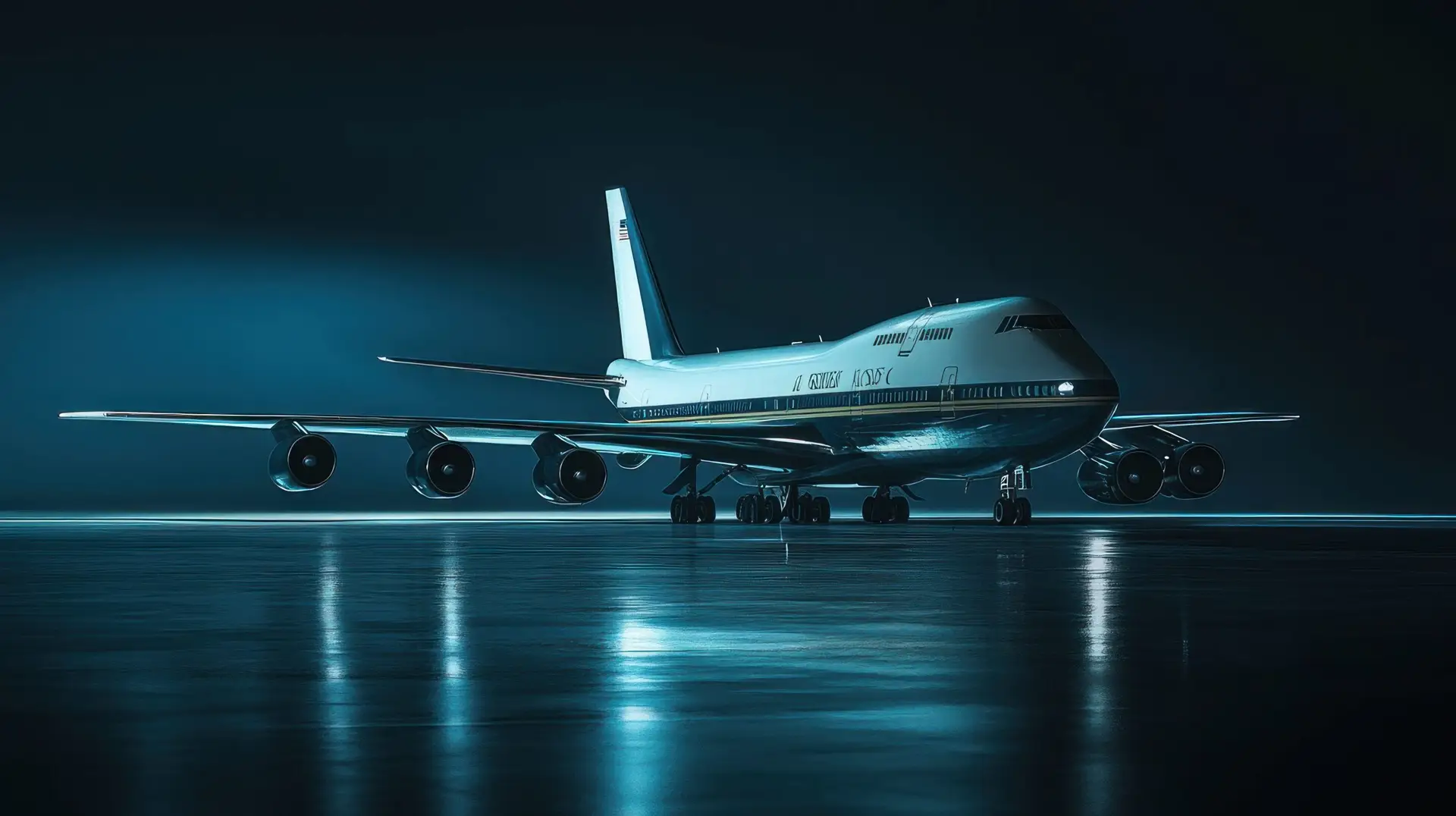 A large passenger airplane sits on the tarmac at night, illuminated by blue light.