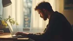 Modern man working from home with a laptop, natural light pouring in